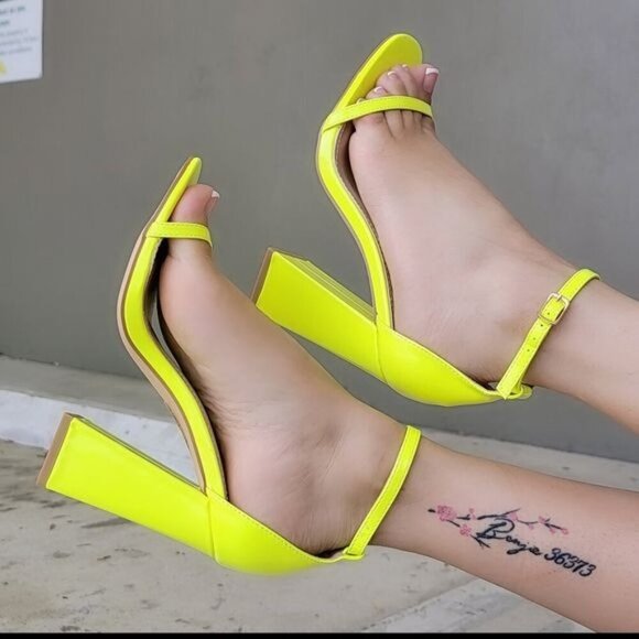 Womens Ankle Strap Chunky Block Heel Dress Sandals Neon Yellow Color - Picture 3 of 4